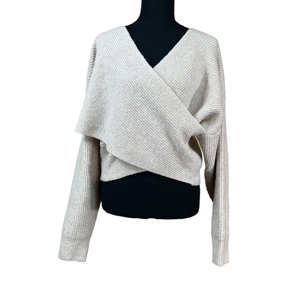 OAK + FORT Sweaters - Oak + Fort Cream Crossover Ballerina Cropped Rib Knit Sweater Size M